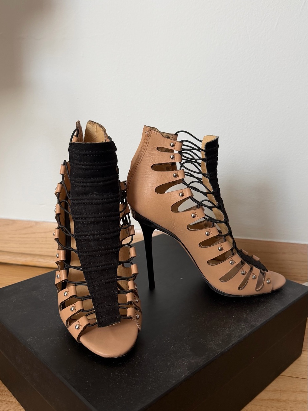 L.A.M.B. Tan and Black Lace-Up Cutout High Heel Sandals